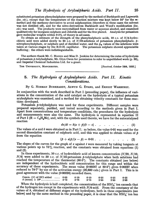 5. The hydrolysis of arylsulphuric acids. Part II. Kinetic considerations