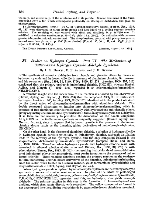 37. Studies on hydrogen cyanide. Part VI. The mechanism of gattermann's hydrogen cyanide aldehyde synthesis