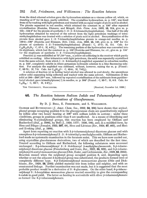 46. The reaction between sodium iodide and toluenesulphonyl derivatives of glucofuranose