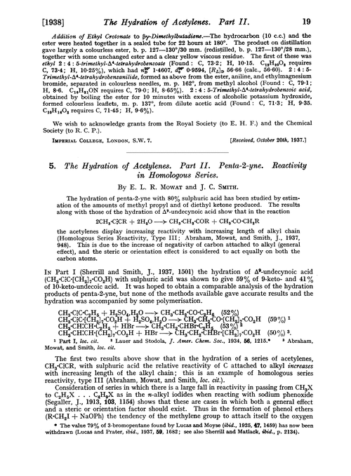 5. The hydration of acetylenes. Part II. Penta-2-yne. Reactivity in homologous series