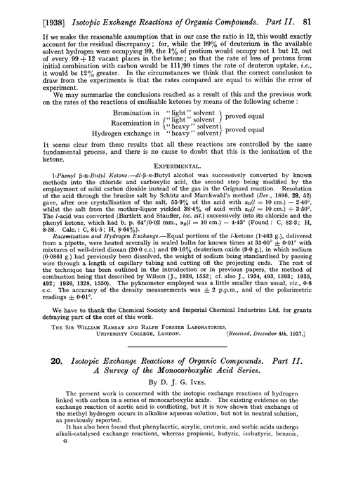 20. Isotopic exchange reactions of organic compounds. Part II. A survey of the monocarboxylic acid series
