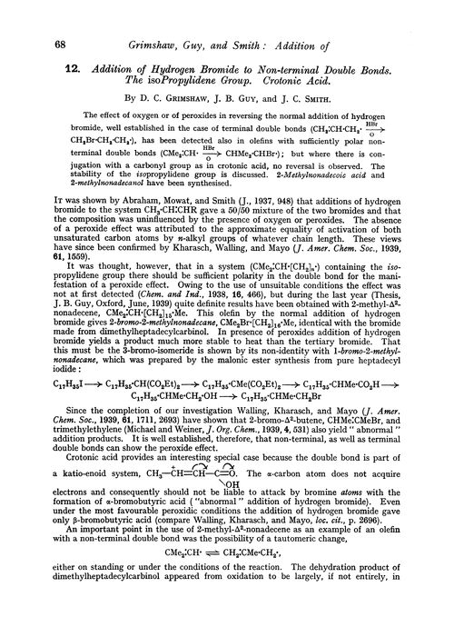 12. Addition of hydrogen bromide to non-terminal double bonds. The isopropylidene group. Crotonic acid
