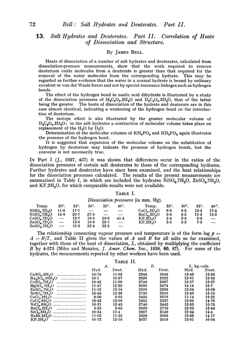 13. Salt hydrates and deuterates. Part II. Correlation of heats of dissociation and structure