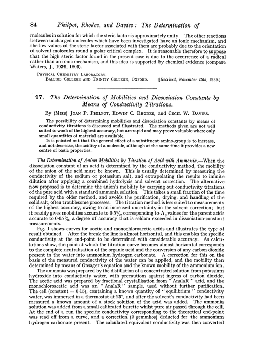 17. The determination of mobilities and dissociation constants by means of conductivity titrations
