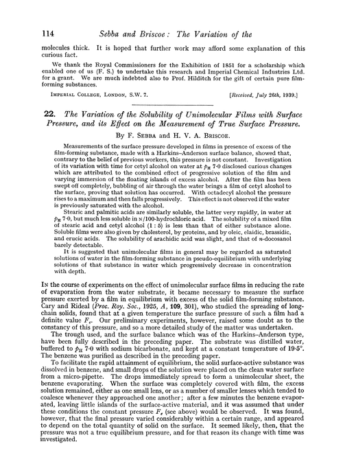 22. The variation of the solubility of unimolecular films with surface pressure, and its effect on the measurement of true surface pressure
