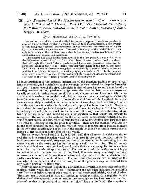 28. An examination of the mechanism by which “cool” flames give rise to “normal” flames. Part IV. The chemical character of the “blue” flame initiated in the “cool” flame products of ether–oxygen mixtures
