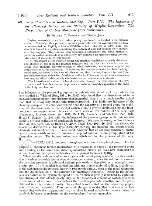 43. Free radicals and radical stability. Part VII. The influence of the phenoxyl group on the stability of ketylic derivatives. The preparation of carbon monoxide from carbonates