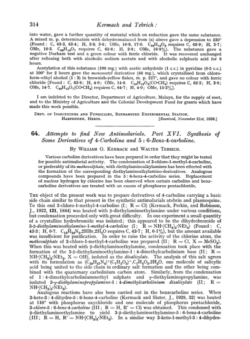 64. Attempts to find new antimalarials. Part XVI. Synthesis of some derivatives of 4-carboline and 5 : 6-benz-4-carboline