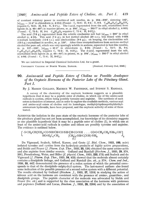 90. Amino-acid and peptide esters of choline as possible analogues of the oxytocic hormone of the posterior lobe of the pituitary gland. Part I