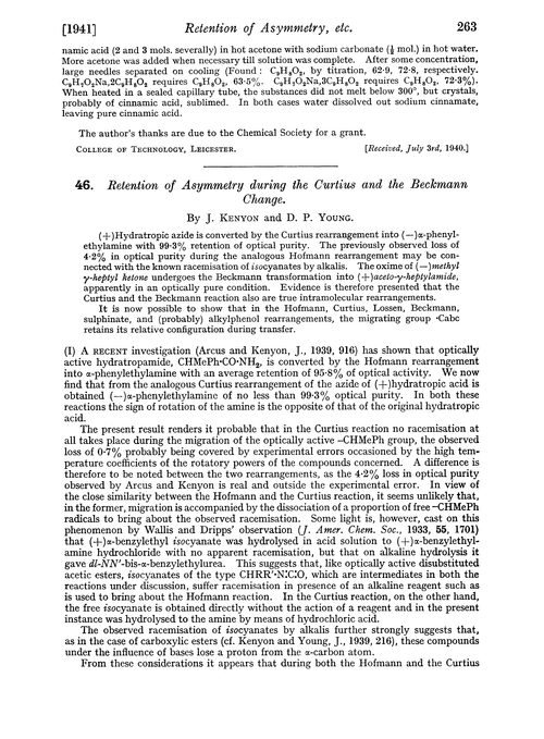 46. Retention of asymmetry during the Curtius and the Beckmann change