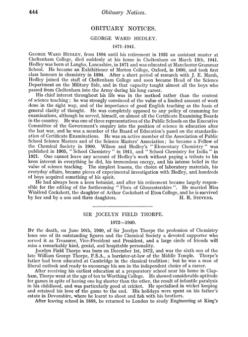Obituary notices: George Ward Hedley, 1871–1941; Sir Jocelyn Field Thorpe, 1872–1940; Sir William Fitzthomas Wyley, 1852–1940