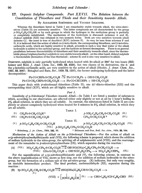 17. Organic sulphur compounds. Part XXVII. The relation between the constitution of thioethers and thiols and their sensitivity towards alkali