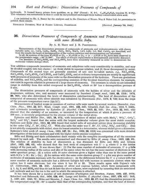 36. Dissociation pressures of compounds of ammonia and trideuterammonia with some metallic salts