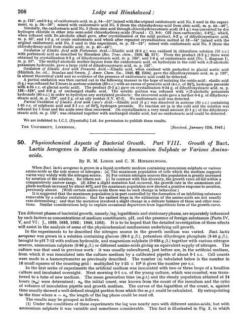 50. Physicochemieal aspects of bacterial growth. Part VIII. Growth of Bact. lactis aerogenes in media containing ammonium sulphate or various aminoacids