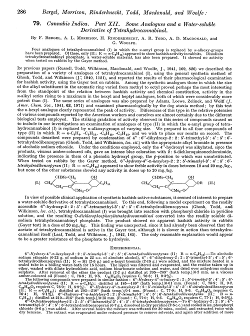 79. Cannabis indica. Part XII. Some analogues and a water-soluble derivative of tetrahydrocannabinol