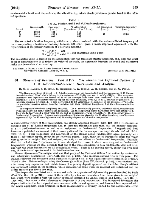 61. Structure of benzene. Part XVII. The Raman and infra-red spectra of 1 : 3 : 5-trideuterobenzene : description and analysis