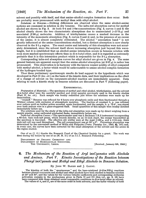 6. The mechanism of the reaction of aryl isocyanates with alcohols and amines. Part V. Kinetic investigations of the reaction between phenyl isocyanate and methyl and ethyl alcohols in benzene solution