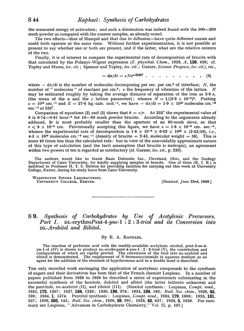 S 9. Synthesis of carbohydrates by use of acetylenic precursors. Part I. DL-erythropent-4-yne-1 : 2 : 3-triol and its conversion into DL-arabitol and ribitol
