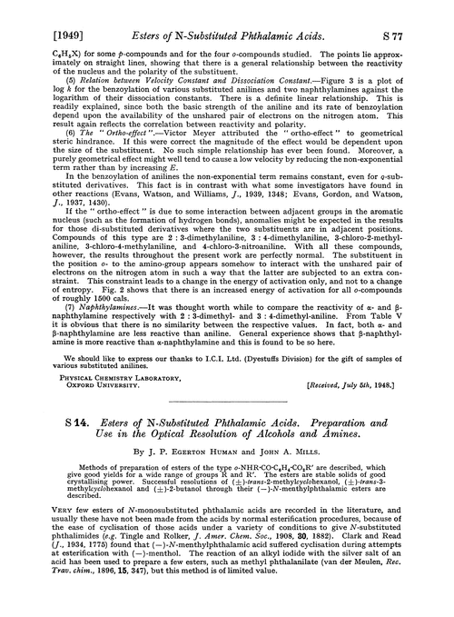 S 14. Esters of N-substituted phthalamic acids. Preparation and use in the optical resolutions of alcohols and amines