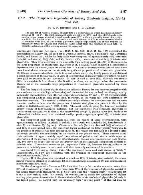 S 17. The component glycerides of Bacury (Platonia insignis, mart.) seed fat