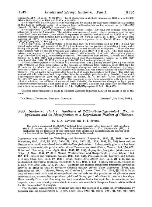 S 30. Gliotoxin. Part I. Synthesis of 2-thio-3-methylindolo-1′ : 2′–1 : 5-hydantoin and its identification as a degradation product of gliotoxin