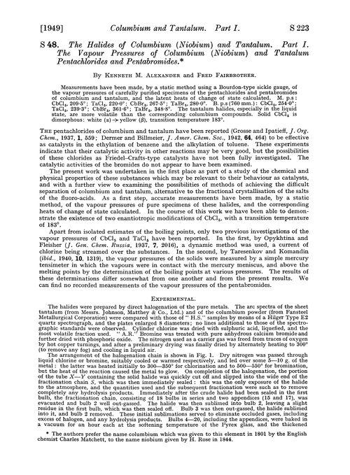 S 48. The halides of columbium (niobium) and tantalum. Part I. The vapour pressures of columbium (niobium) and tantalum pentachlorides and pentabromides