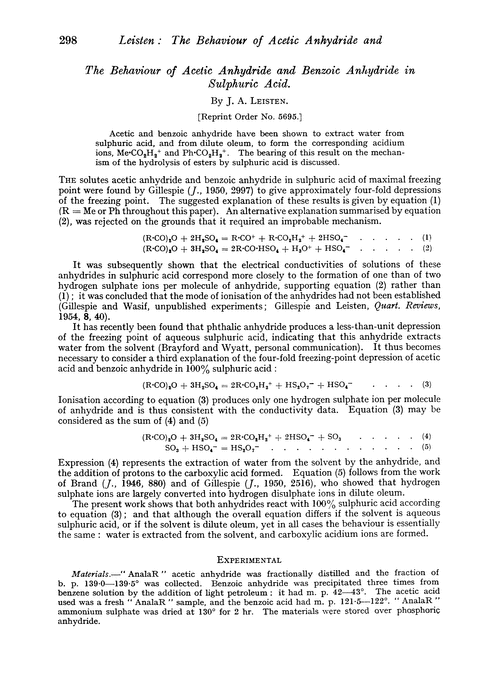The behaviour of acetic anhydride and benzoic anhydride in sulphuric acid