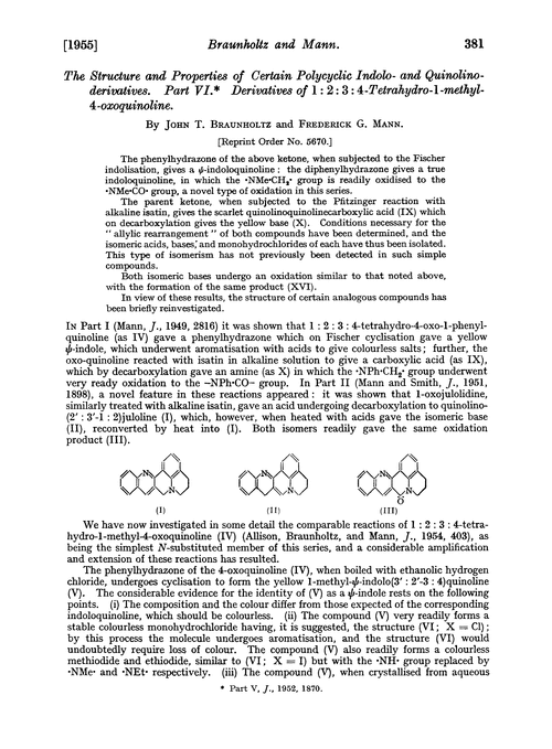 The structure and properties of certain polycyclic indolo- and quinolino-derivatives. Part VI. Derivatives of 1:2:3:4-tetrahydro-1-methyl-4-oxoquinoline