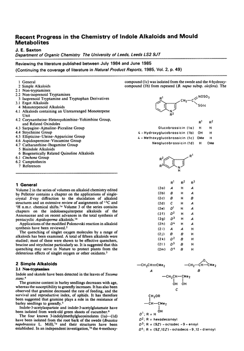 Recent progress in the chemistry of indole alkaloids and mould metabolites