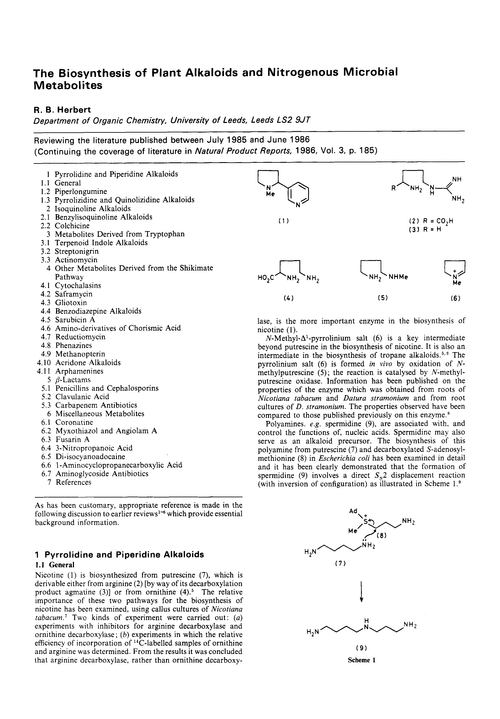 The biosynthesis of plant alkaloids and nitrogenous microbial metabolites