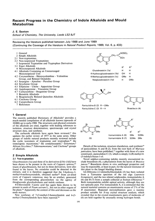 Recent progress in the chemistry of indole alkaloids and mould metabolites