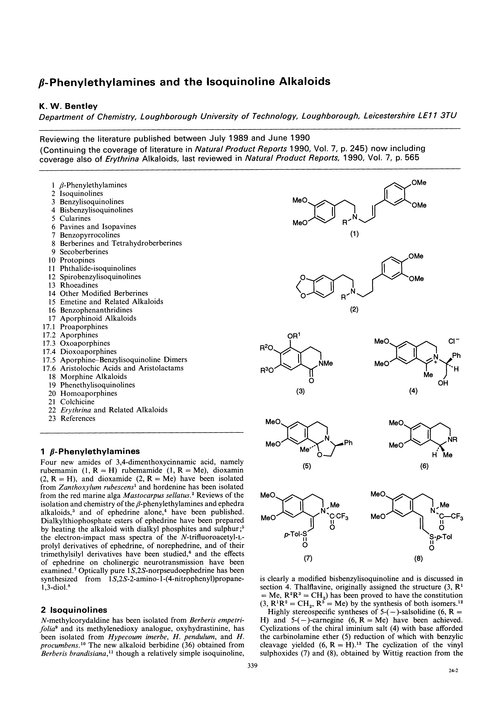 β-Phenylethylamines and the isoquinoline alkaloids