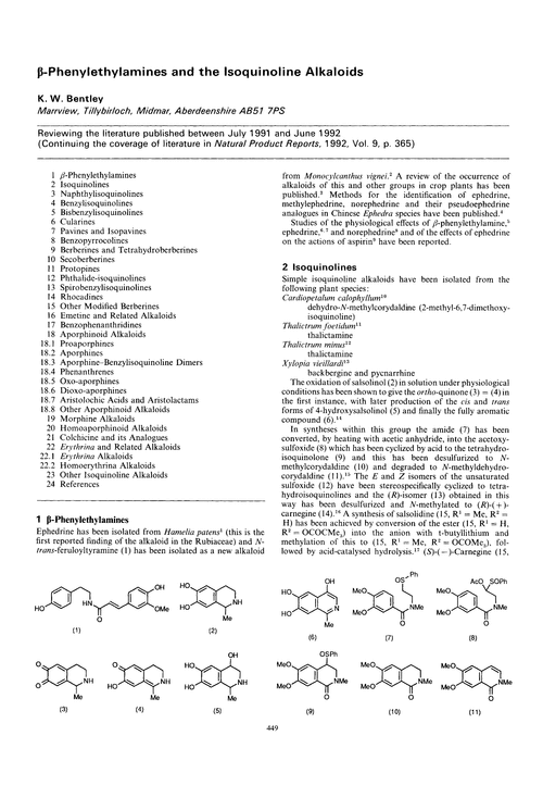 β-Phenylethylamines and the isoquinoline alkaloids