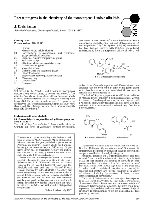 Recent progress in the chemistry of the monoterpenoid indole alkaloids
