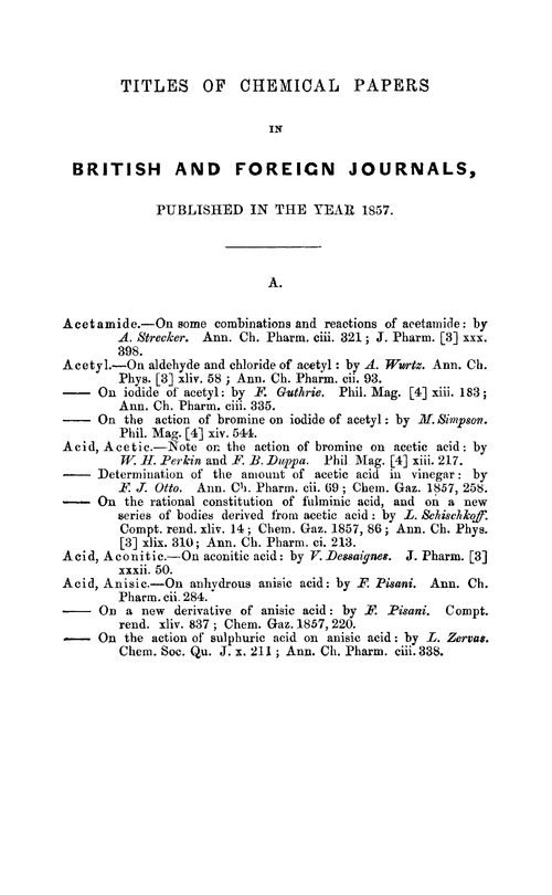 Titles of chemical papers in British and foreign journals. Published in the year 1857