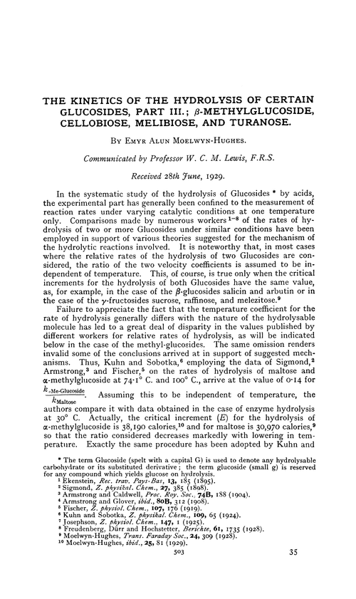 The kinetics of the hydrolysis of certain glucosides, part III.; β-methylglucoside, cellobiose, melibiose, and turanose