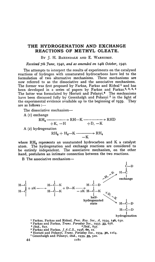 The hydrogenation and exchange reactions of methyl oleate