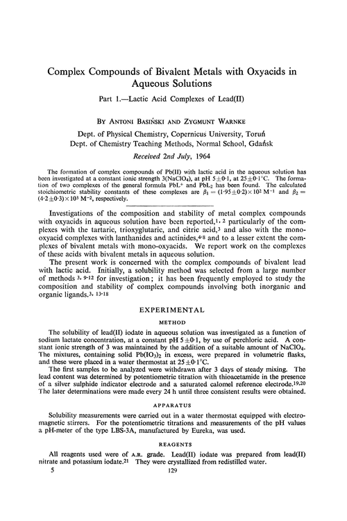 Complex compounds of bivalent metals with oxyacids in aqueous solutions. Part 1.—Lactic acid complexes of lead(II)