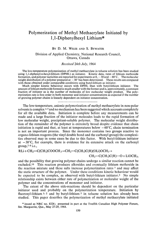 Polymerization of methyl methacrylate initiated by 1,1-diphenylhexyl lithium