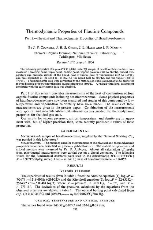 Thermodynamic properties of fluorine compounds. Part 2.—Physical and thermodynamic properties of hexafluorobenzene