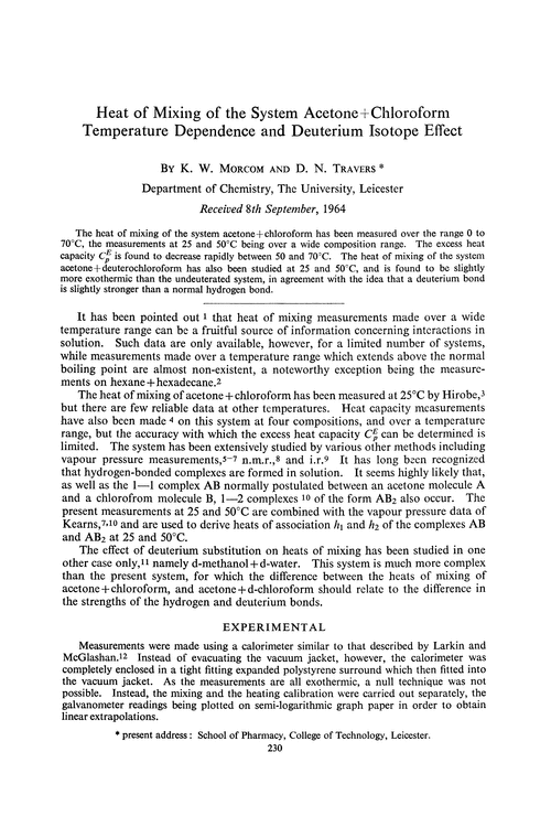 Heat of mixing of the system acetone + chloroform temperature dependence and deuterium isotope effect