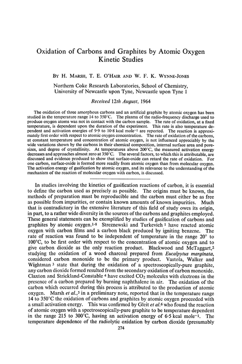Oxidation of carbons and graphites by atomic oxygen kinetic studies