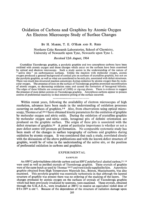 Oxidation of carbons and graphites by atomic oxygen an electron microscope study of surface changes