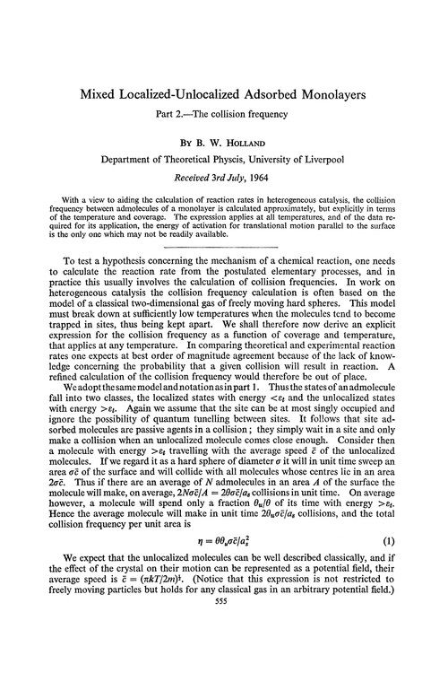 Mixed localized-unlocalized adsorbed monolayers. Part 2.—The collision frequency