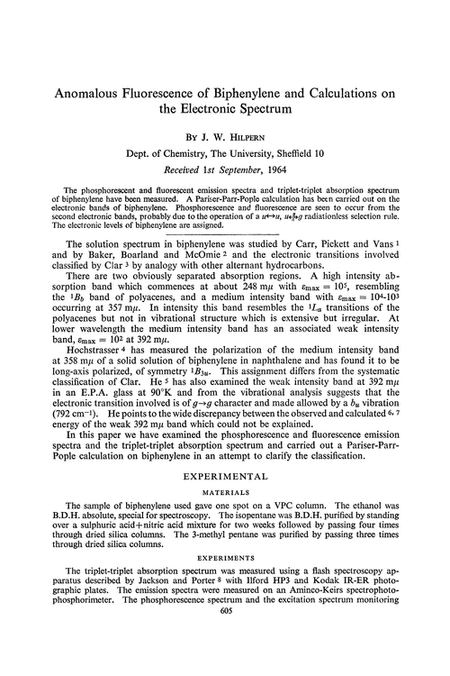Anomalous fluorescence of biphenylene and calculations on the electronic spectrum