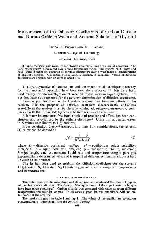 Measurement of the diffusion coefficients of carbon dioxide and nitrous oxide in water and aqueous solutions of glycerol