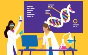CN Application Tile an illustration of two laboratory scientists working together in a lab setting. One scientist is holding a flask and gesturing, while the other is focused on a computer screen. In the background, a large display shows a DNA double helix and various scientific data, all set against a bright yellow backdrop.