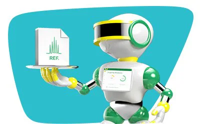 Access a Database of digital Reference Materials (dRMs) 一个三维渲染的机器人左手托着一个托盘,托盘上有一个标有 "R.E.F. "的条形图。托盘上有一个标有 "R.E.F. "的条形图。机器人胸前还有一个屏幕,显示三个绿色电池图标和两条类似 Wi-Fi 信号的弧线。背景是略带渐变效果的绿色。