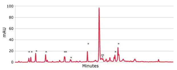 Effect of acetic acid impurity HPLC chromatogram displaying the elution profile of compounds over time, highlighting peaks and valleys in mAU against minutes.